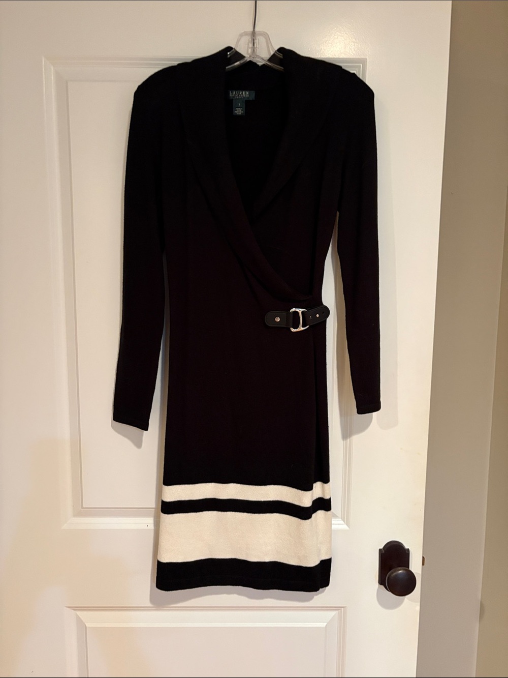 Lauren Ralph Lauren Black Long-Sleeve Wrap Dress with Cream Stripes